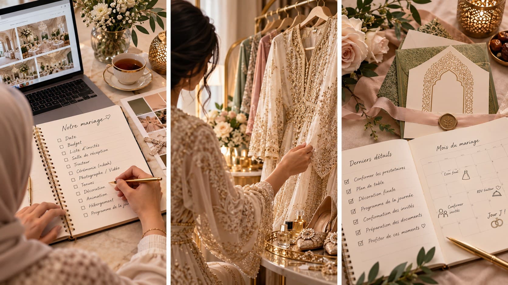 Planification de mariage : carnet avec checklist manuscrite, ordinateur ouvert, tenues brodées sur portant et calendrier du mois du mariage.