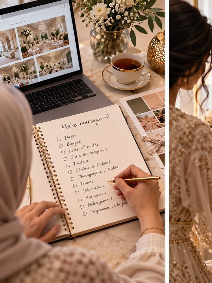 Planification de mariage : carnet avec checklist manuscrite, ordinateur ouvert, tenues brodées sur portant et calendrier du mois du mariage.