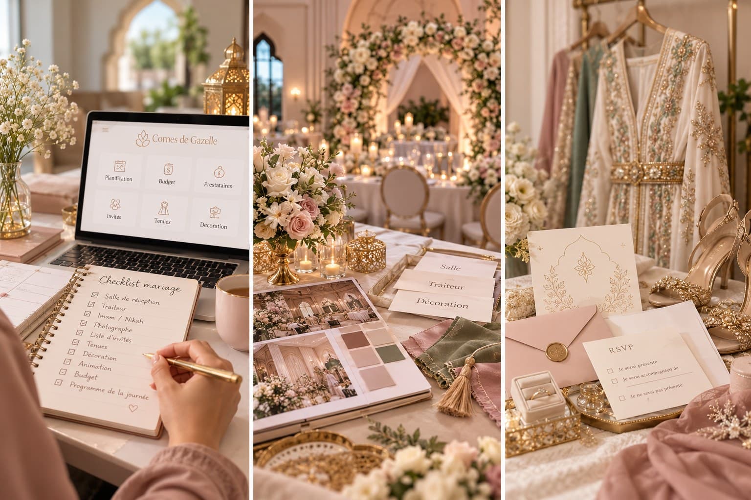 Préparatifs de mariage : checklist manuscrite, site Cornes de Gazelle ouvert sur ordinateur, planche d'inspiration avec palette de couleurs et papeterie.