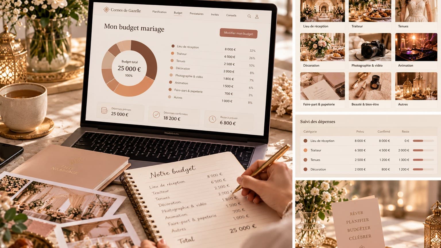 Planification du budget de mariage : ordinateur ouvert sur un tableau de répartition par poste, carnet de budget rempli à la main, catégories de dépenses et suivi des montants.
