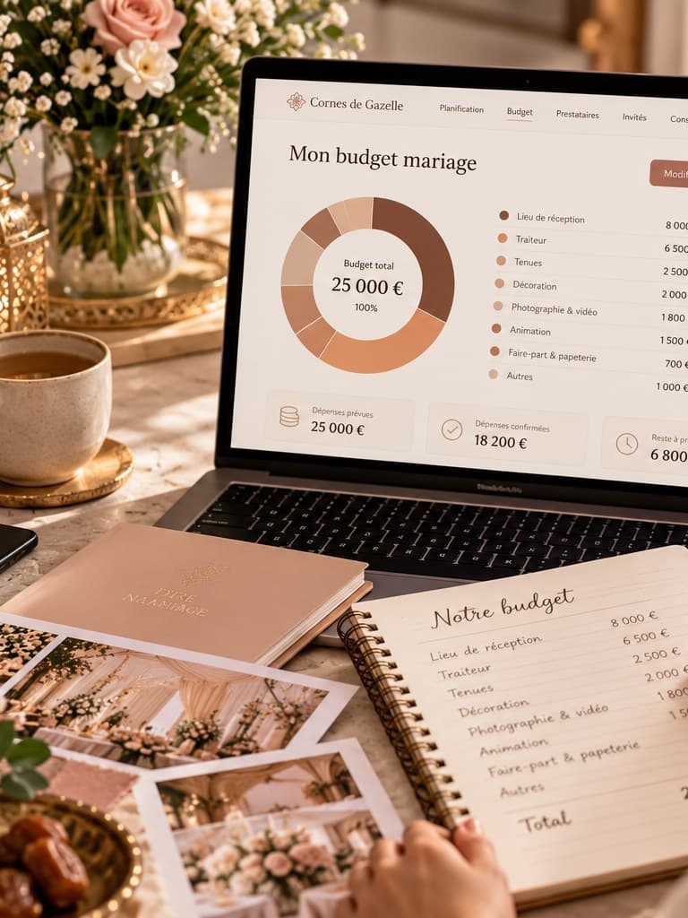 Planification du budget de mariage : ordinateur ouvert sur un tableau de répartition par poste, carnet de budget rempli à la main, catégories de dépenses et suivi des montants.