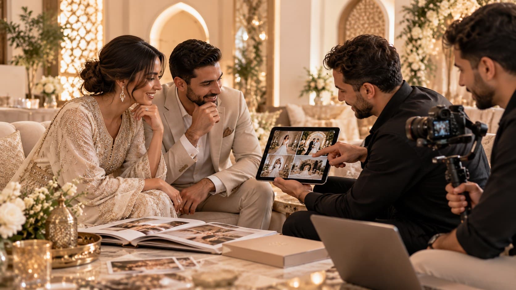 Rendez-vous de préparation du mariage : un couple découvre des photos sur une tablette présentée par un photographe et un vidéaste, albums ouverts sur la table basse.
