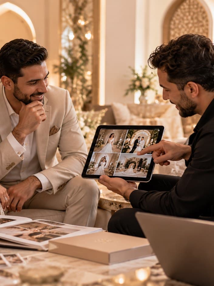Rendez-vous de préparation du mariage : un couple découvre des photos sur une tablette présentée par un photographe et un vidéaste, albums ouverts sur la table basse.